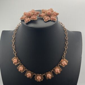 Vintage MCM Copper & Goldstone Petals Leaves Flower Necklace & Earrings Set